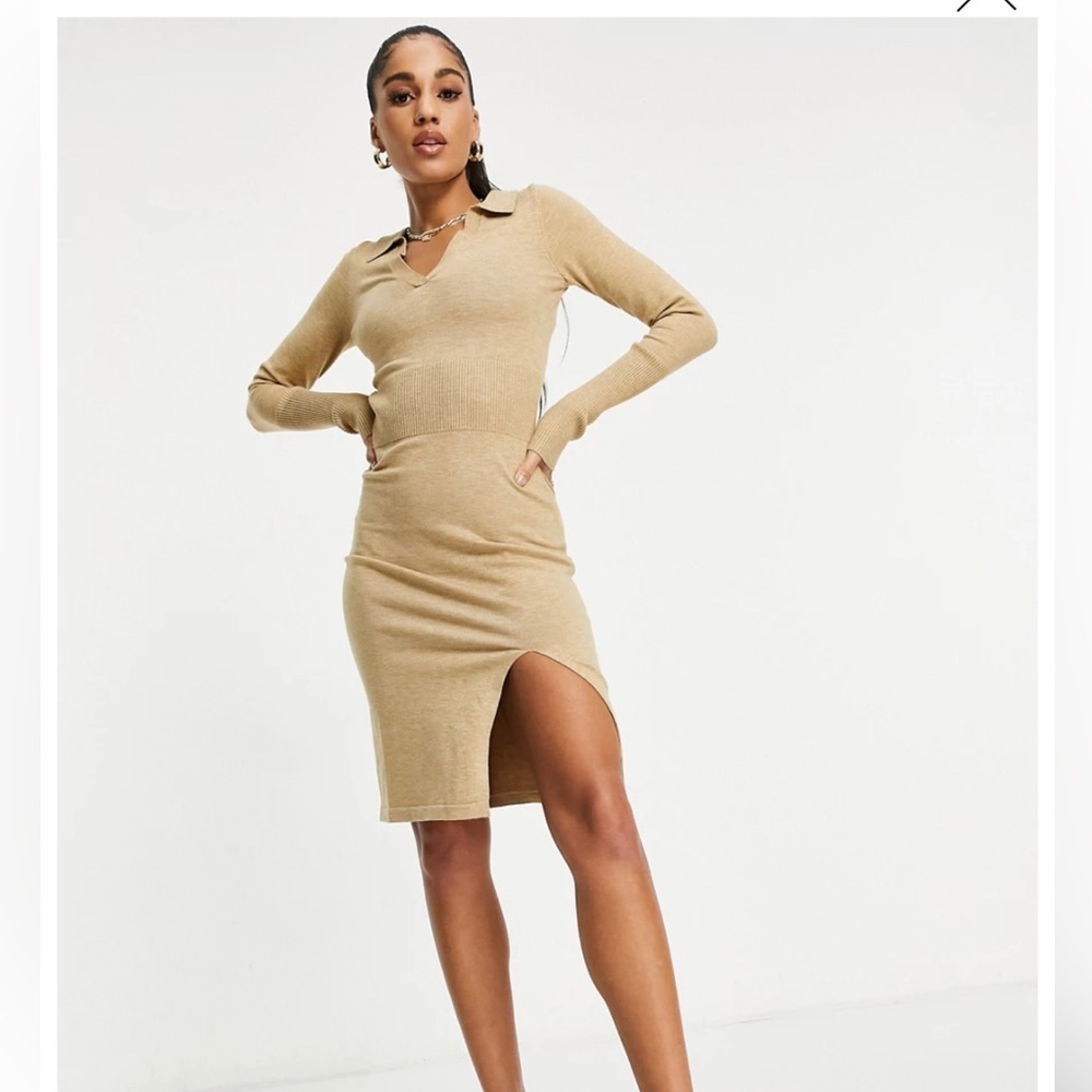 New with tags tan knitted plunge front sweater dress